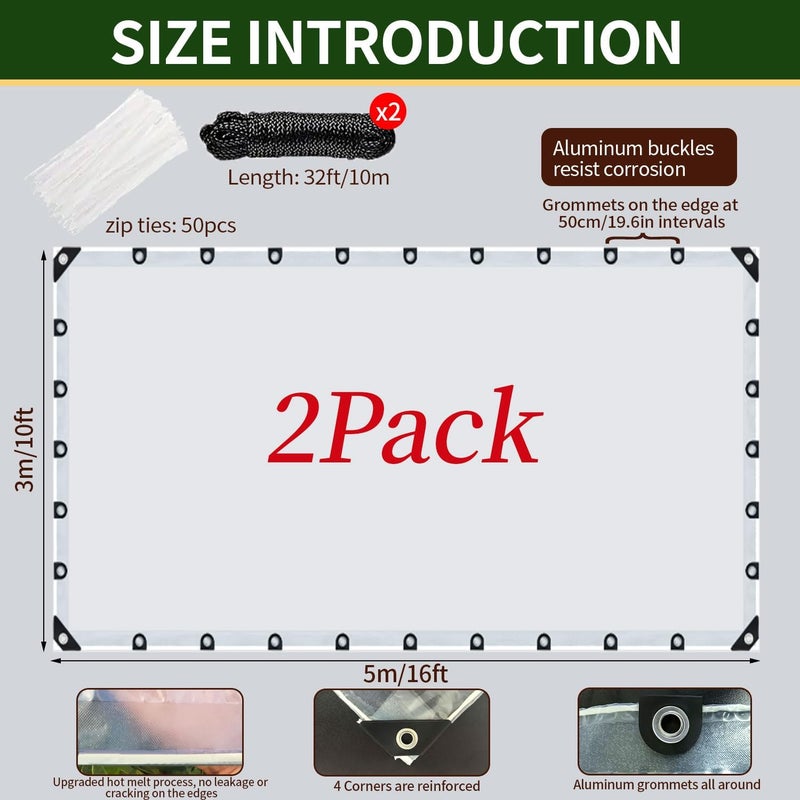 ZERNBER 2Pack 10x16ft Clear Waterproof Tarp with Grommets, Upgraded Edge Heat Fused Tear Resistant Clear Heavy Duty Tarps for Patio Fencing, Rain, Wind, Cold, Chicken Coops（Windproof Rope+Tie-Downs） - Image 2